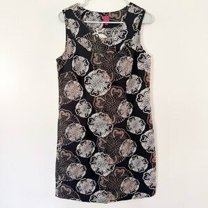 212 Collection Linen Cotton Medallion Print Shift Dress Size 8 Black Knee Length